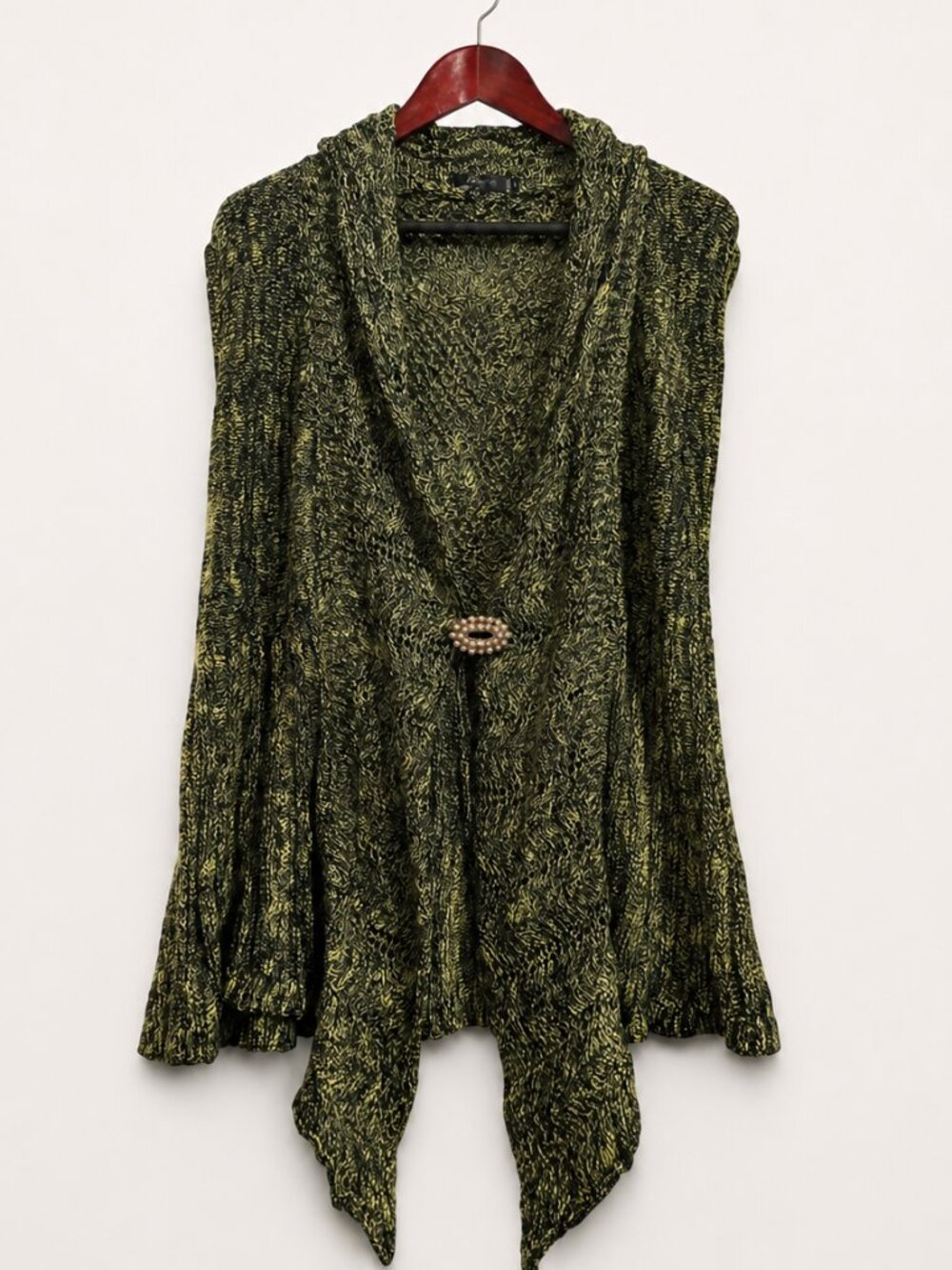 Bacci Women's L Sleeveless Cardigan Vest Green Black Cable Knit Brooch